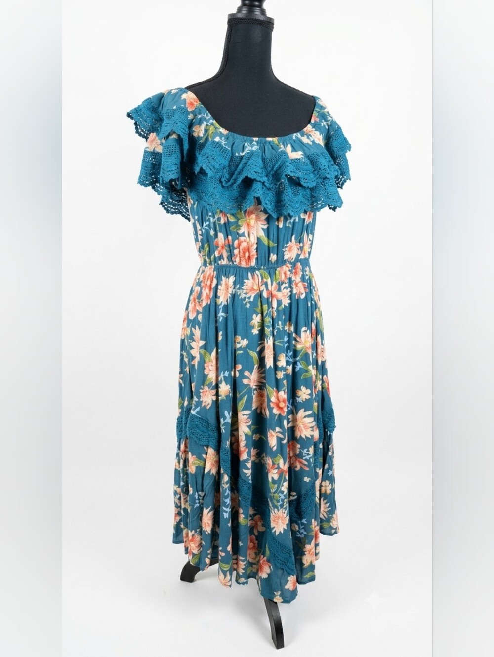 Jaase Teal Floral Crochet-Trim Off-Shoulder Maxi Dress